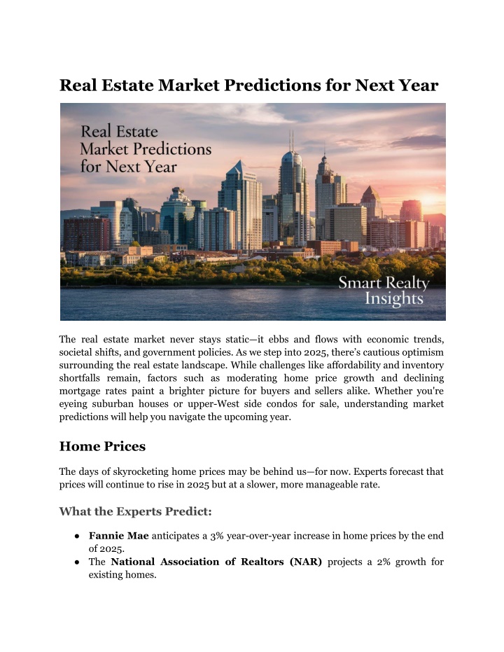 real estate market predictions for next year n.w