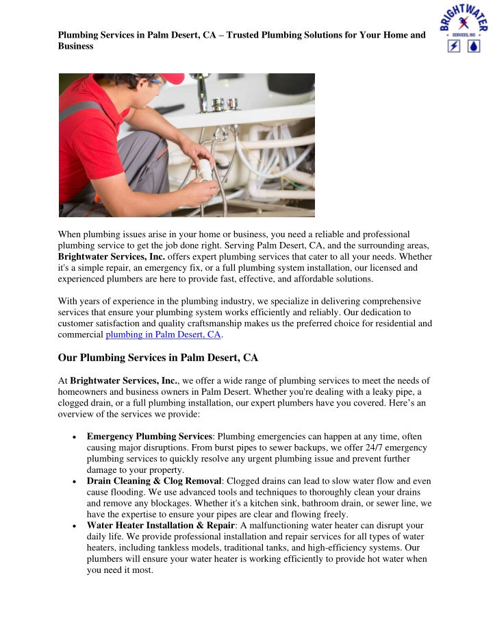 plumbing services in palm desert ca trusted n.w