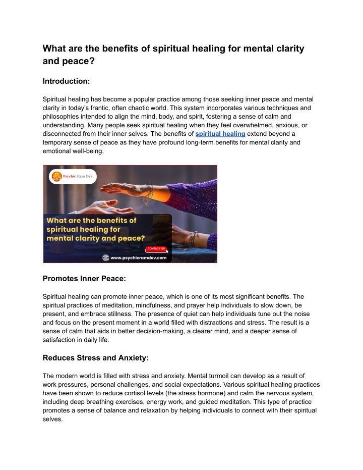 what are the benefits of spiritual healing n.w