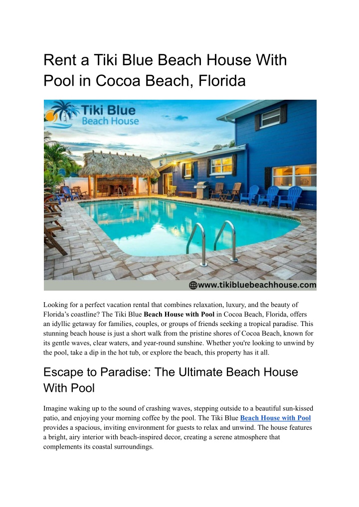 rent a tiki blue beach house with pool in cocoa n.w