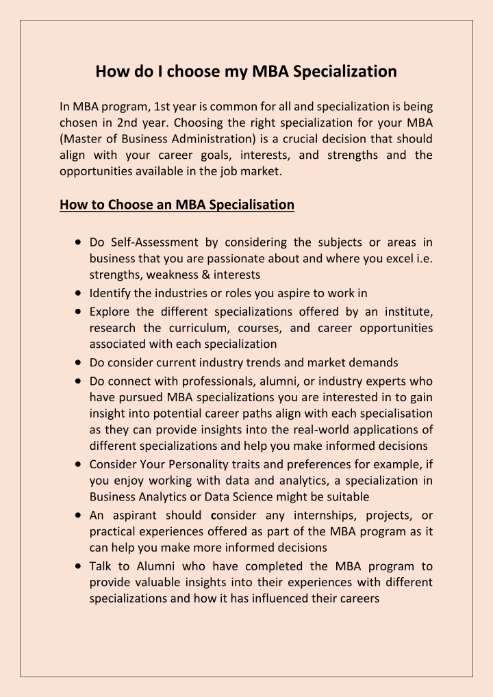 how do i choose my mba specialization n.w