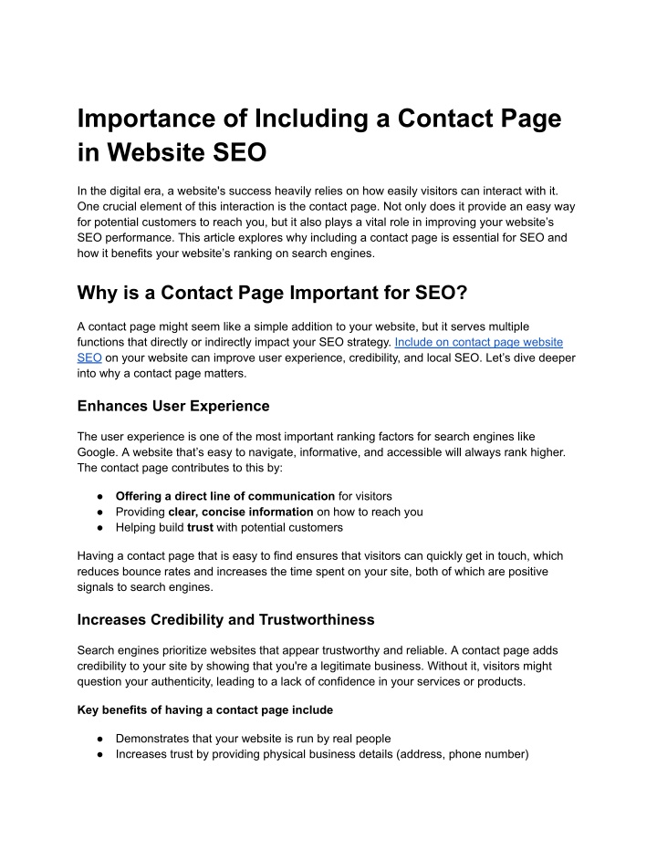 importance of including a contact page in website n.w