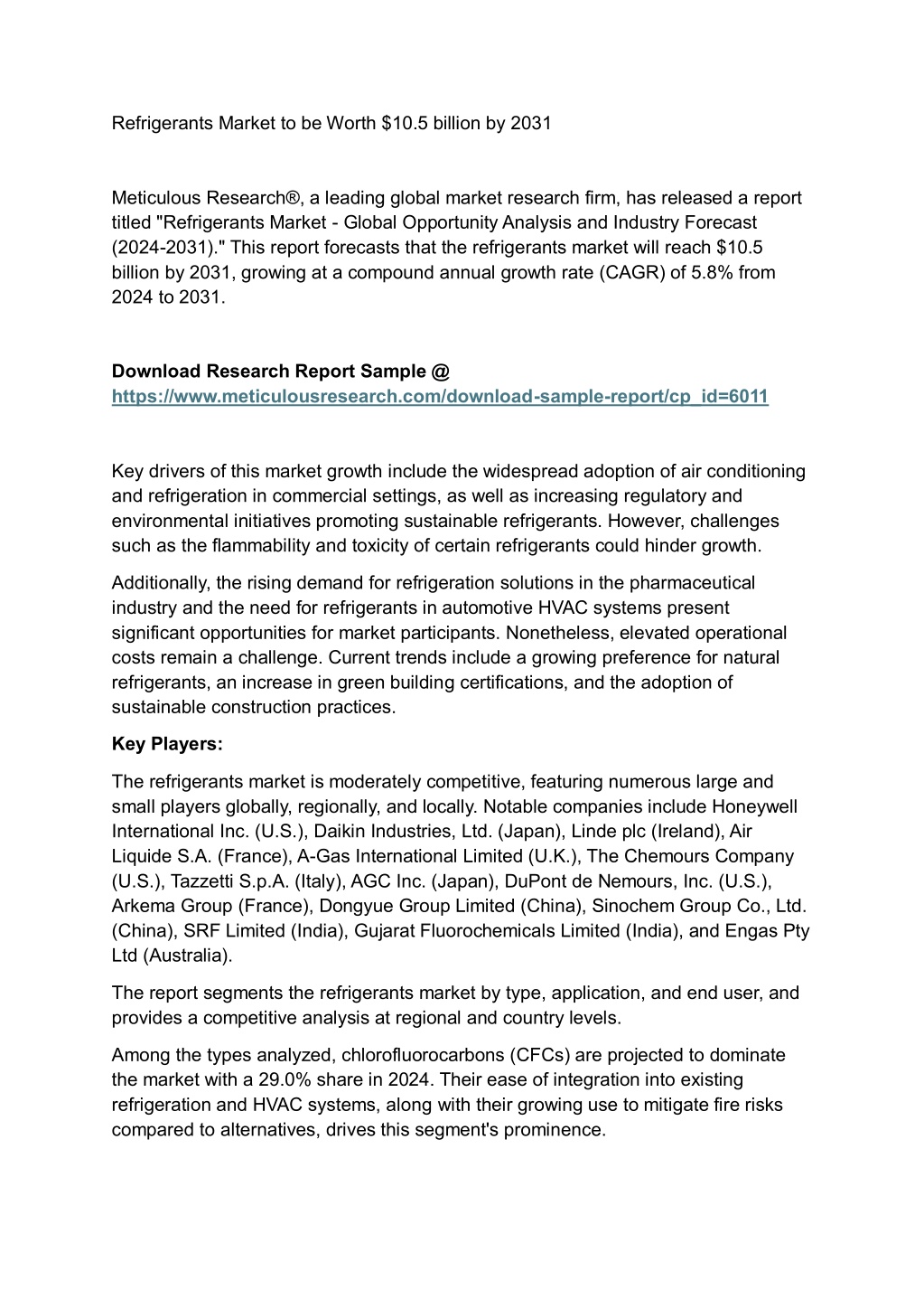 refrigerants market to be worth 10 5 billion l.w