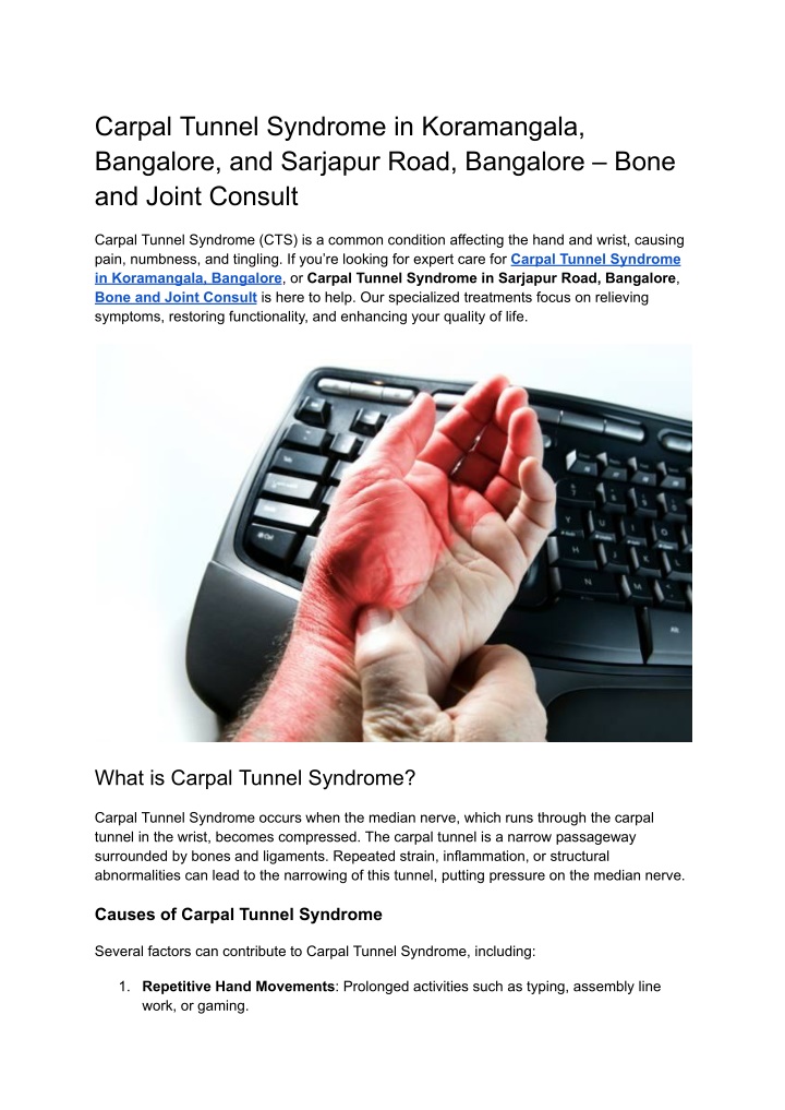 carpal tunnel syndrome in koramangala bangalore n.w