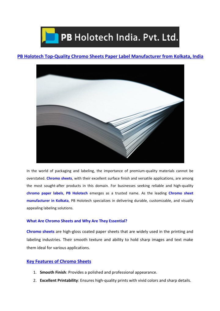 pb holotech top quality chromo sheets paper label n.w