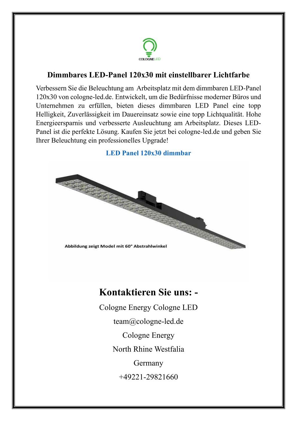 dimmbares led panel 120x30 mit einstellbarer l.w