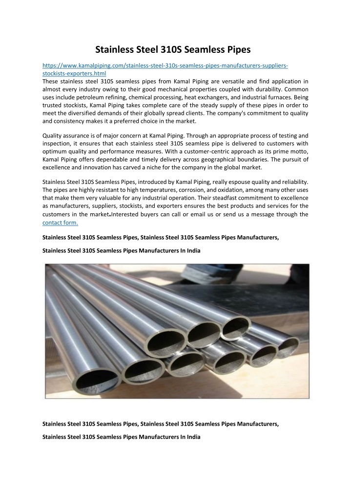 stainless steel 310s seamless pipes n.w