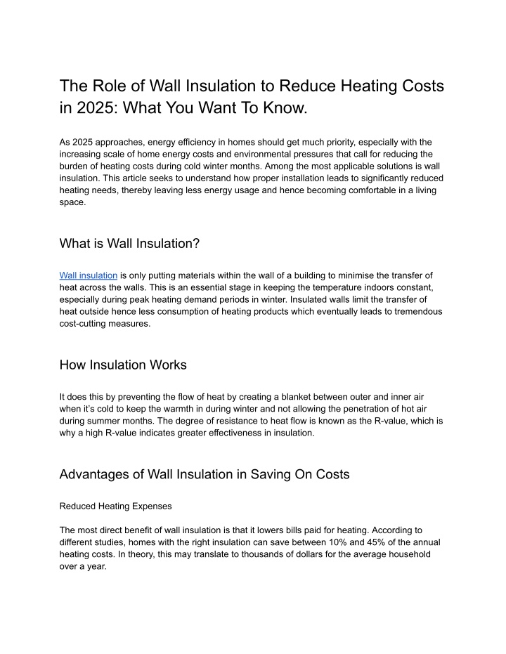 the role of wall insulation to reduce heating n.w