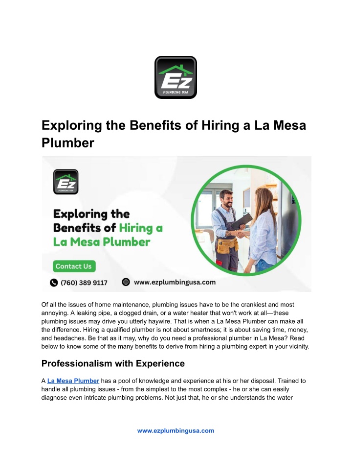 exploring the benefits of hiring a la mesa plumber n.w