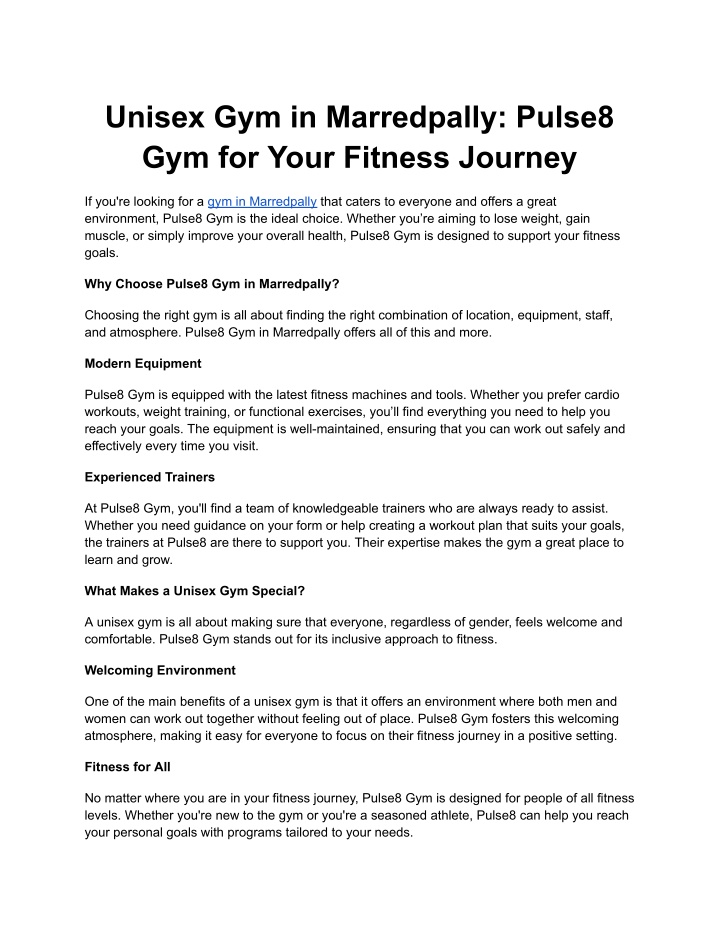 unisex gym in marredpally pulse8 gym for your n.w