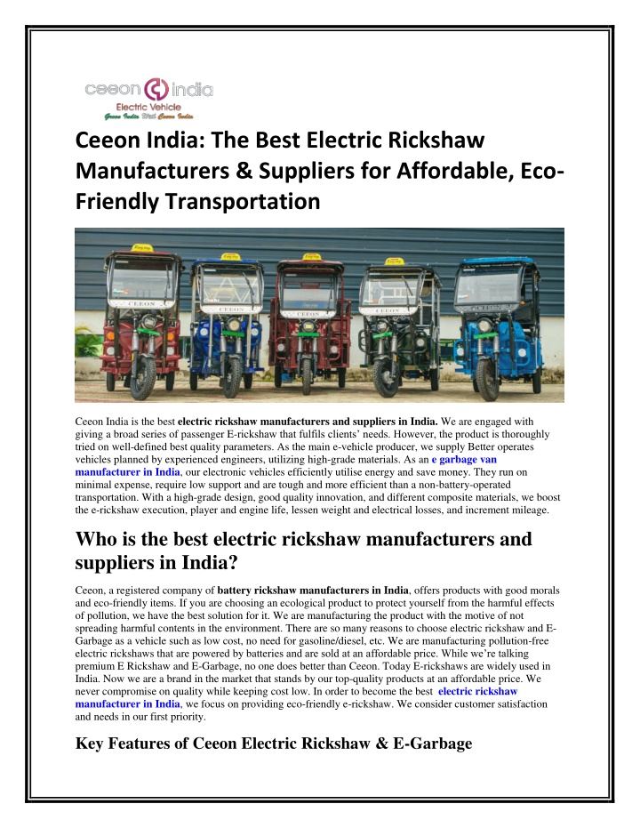 ceeon india the best electric rickshaw n.w