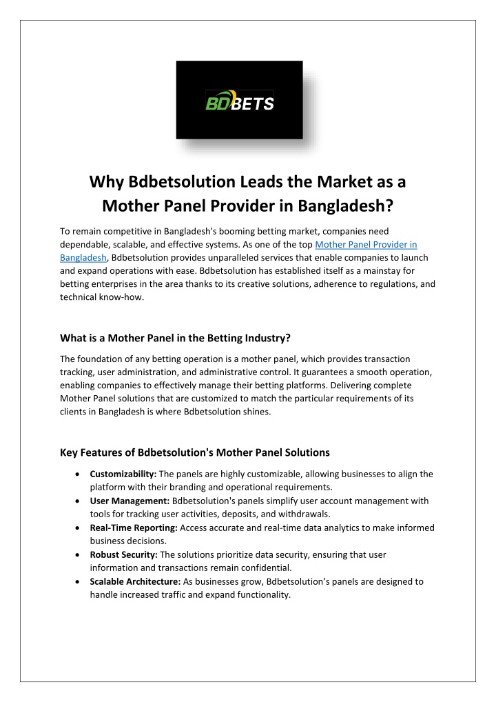 why bdbetsolution leads the market as a mother n.w