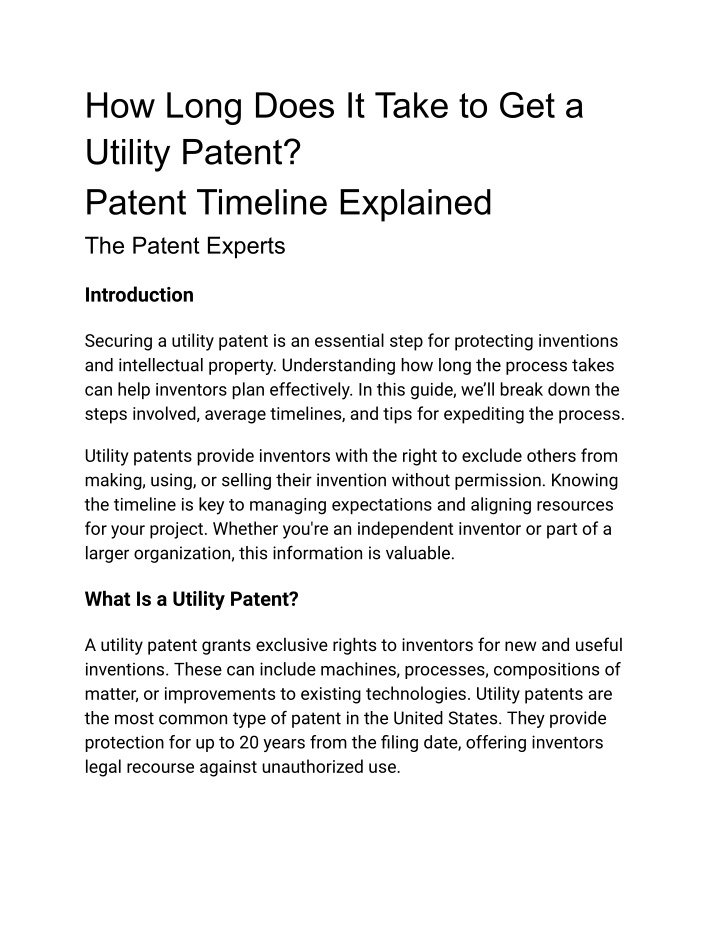 how long does it take to get a utility patent n.w