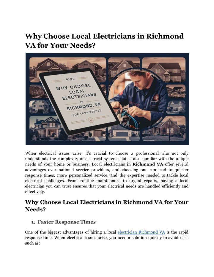 why choose local electricians in richmond n.w