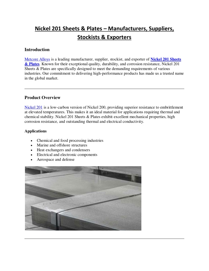 nickel 201 sheets plates manufacturers suppliers n.w