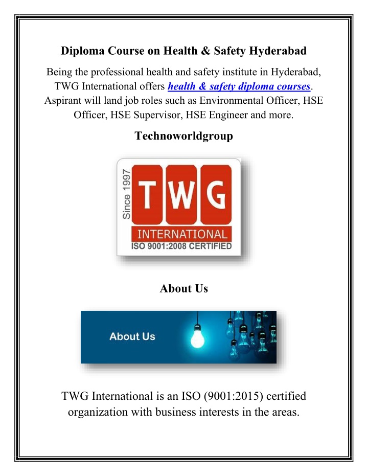diploma course on health safety hyderabad n.w