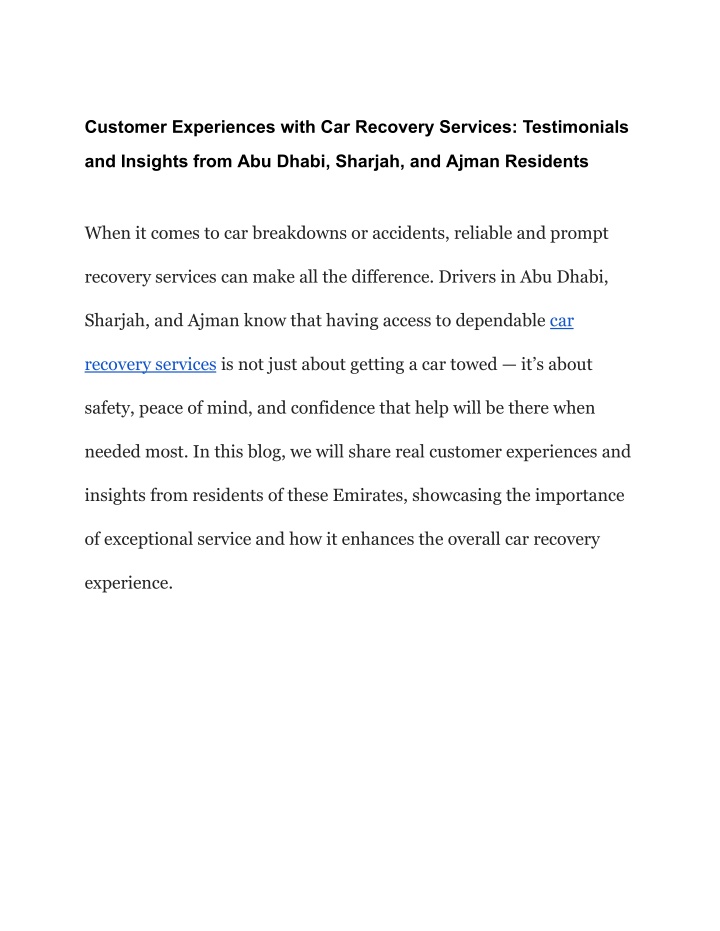 customer experiences with car recovery services n.w