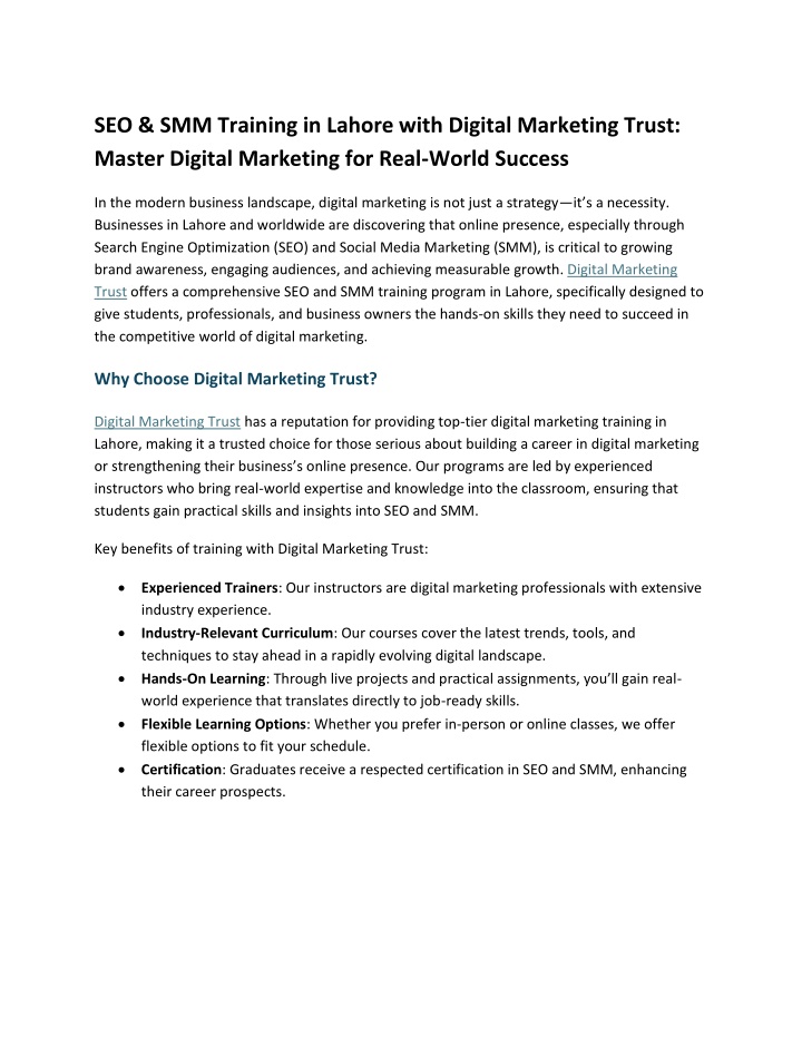 seo smm training in lahore with digital marketing n.w