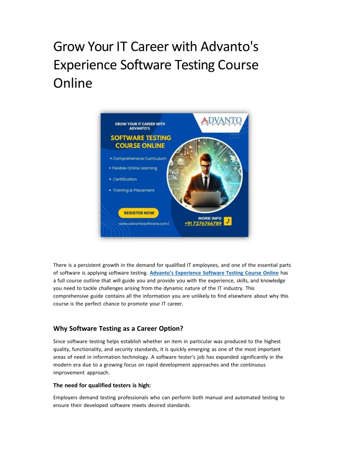 Grow Your IT Career with Advanto's Experience Software Testing Course Online