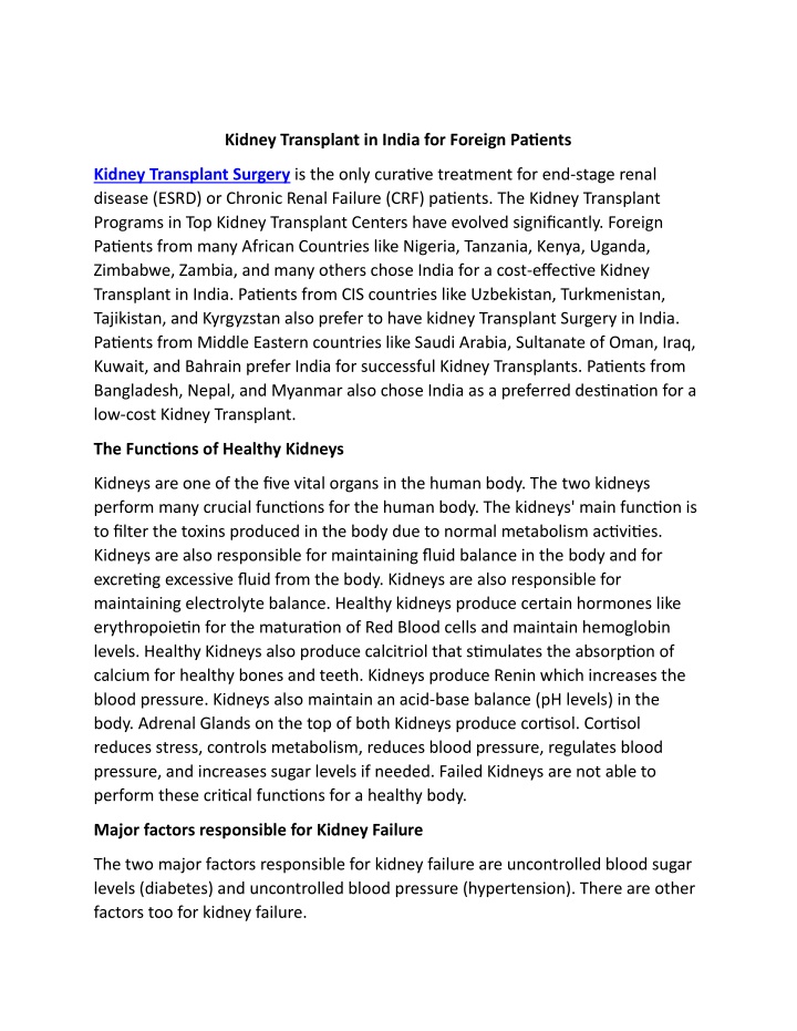 kidney transplant in india for foreign patients n.w