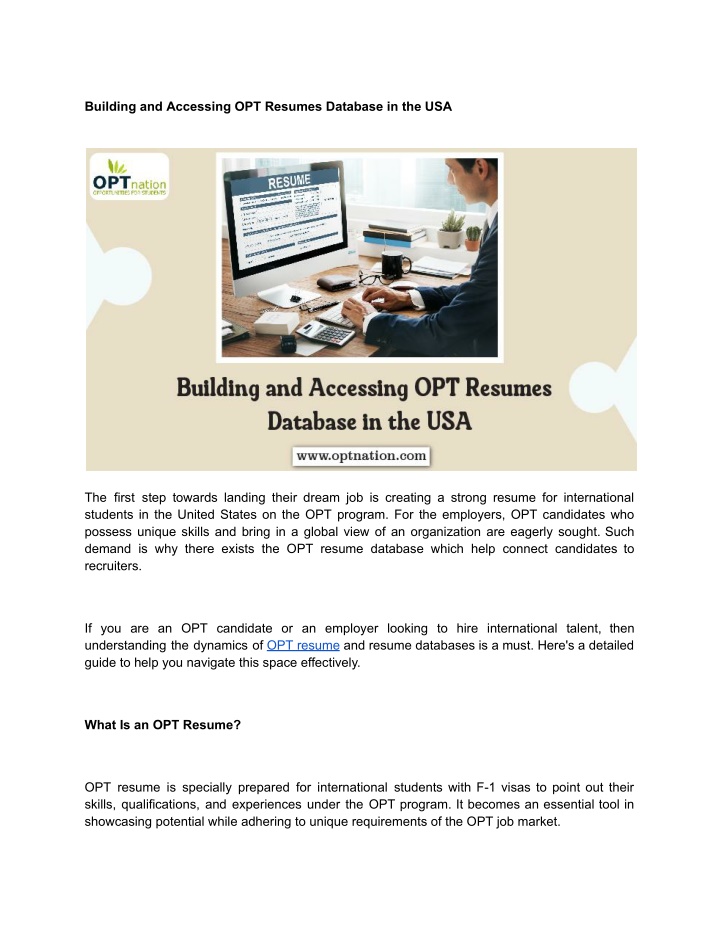 building and accessing opt resumes database n.w
