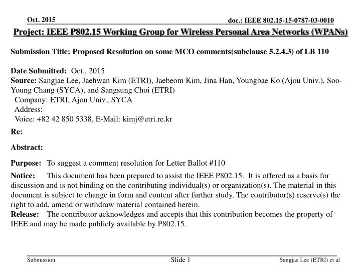 Proposed Resolution on MCO Comments in IEEE P802.15 Working Group Document