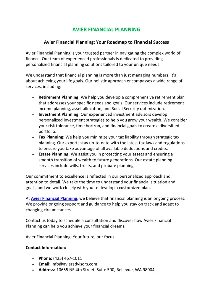 avier financial planning n.w