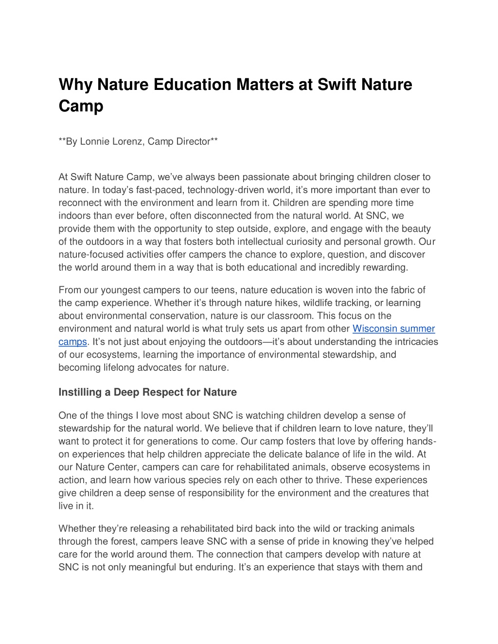 why nature education matters at swift nature camp l.w