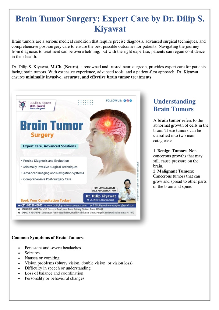 brain tumor surgery expert care by dr dilip n.w
