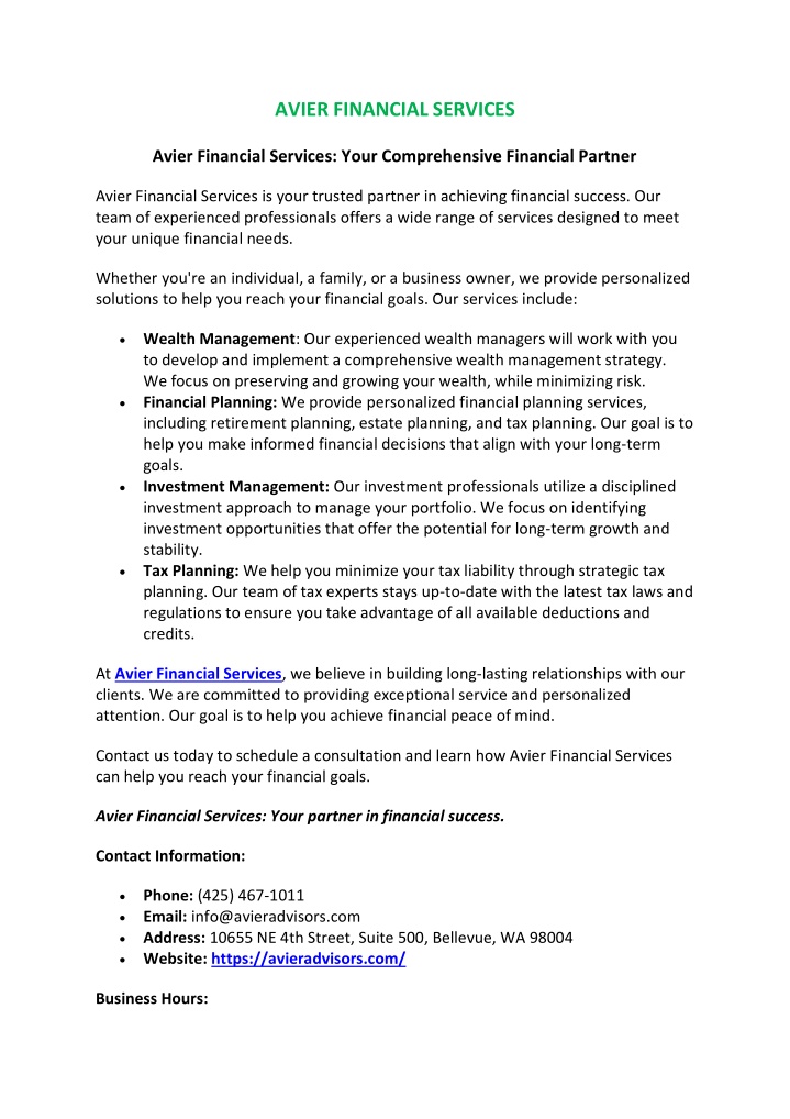 avier financial services n.w