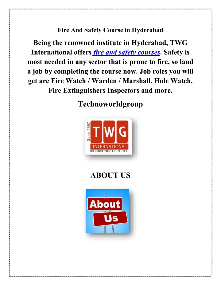 fire and safety course in hyderabad n.w