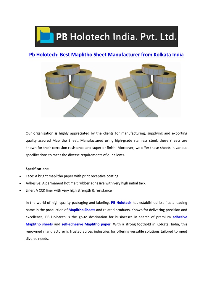 pb holotech best maplitho sheet manufacturer from n.w