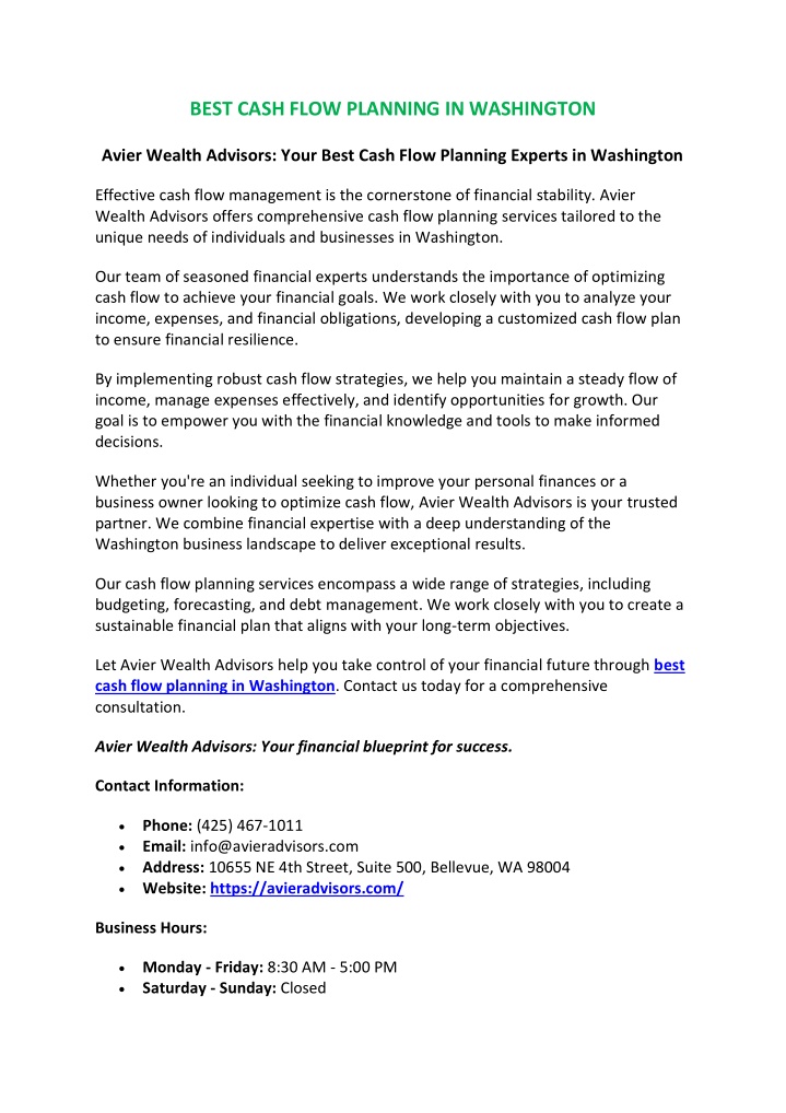 best cash flow planning in washington n.w
