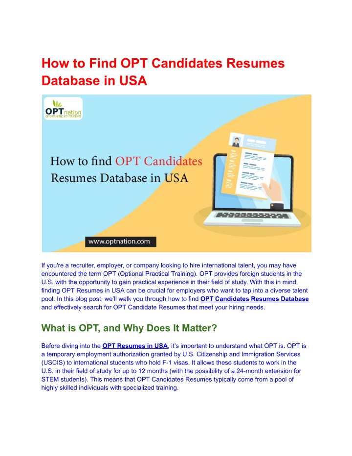 how to find opt candidates resumes database in usa n.w