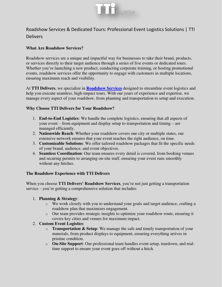 roadshow services dedicated tours professional n.w