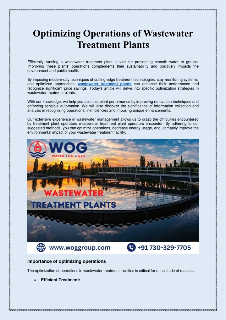optimizing operations of wastewater treatment n.w