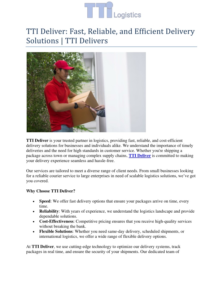 tti deliver fast reliable and efficient delivery n.w