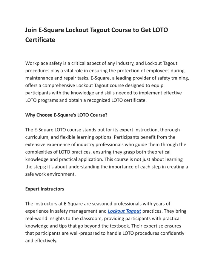 join e square lockout tagout course to get loto n.w