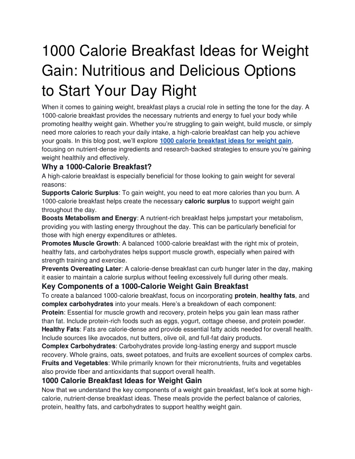 1000 calorie breakfast ideas for weight gain n.w