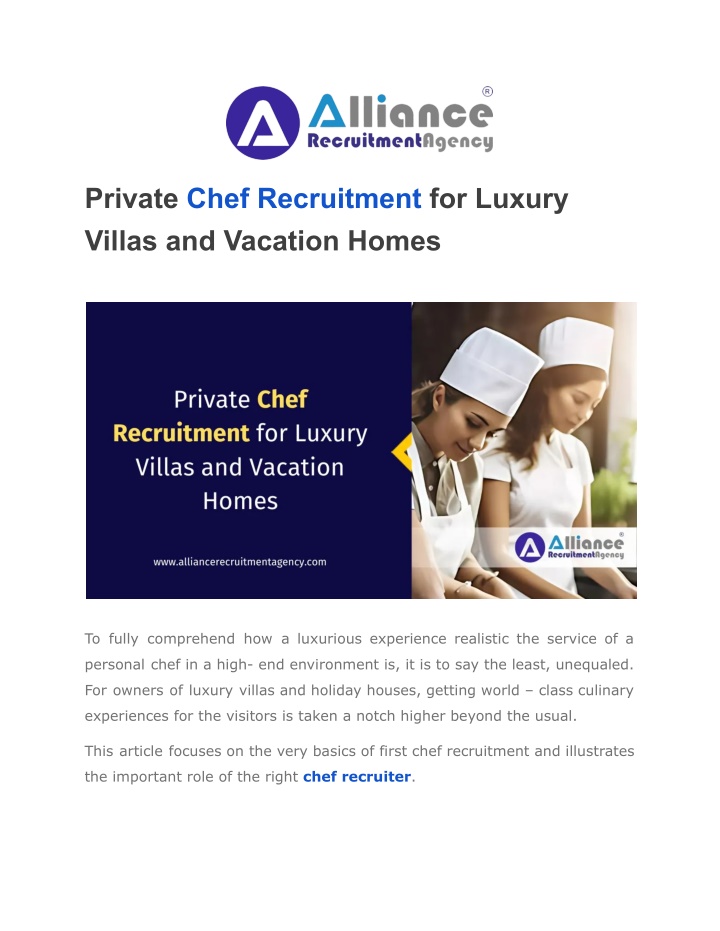 private chef recruitment for luxury villas n.w