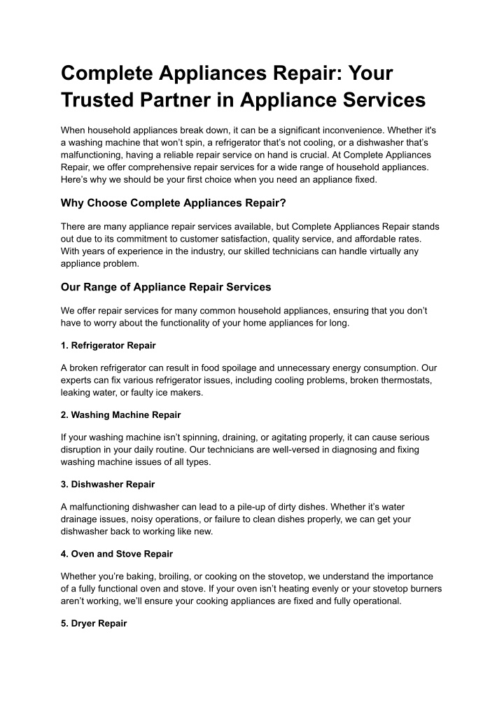complete appliances repair your trusted partner n.w