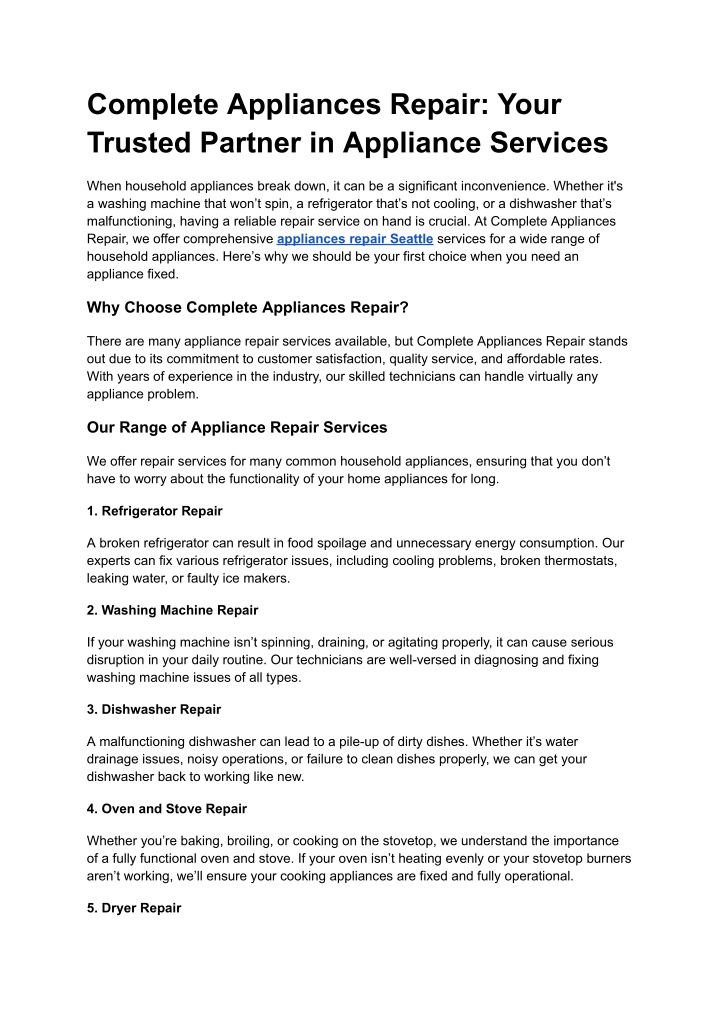 complete appliances repair your trusted partner n.w