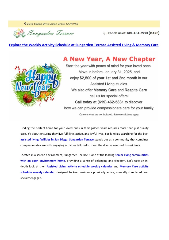 explore the weekly activity schedule at sungarden n.w