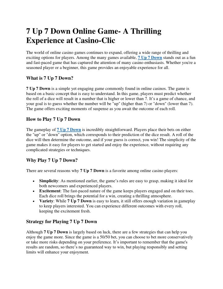 7 up 7 down online game a thrilling experience n.w