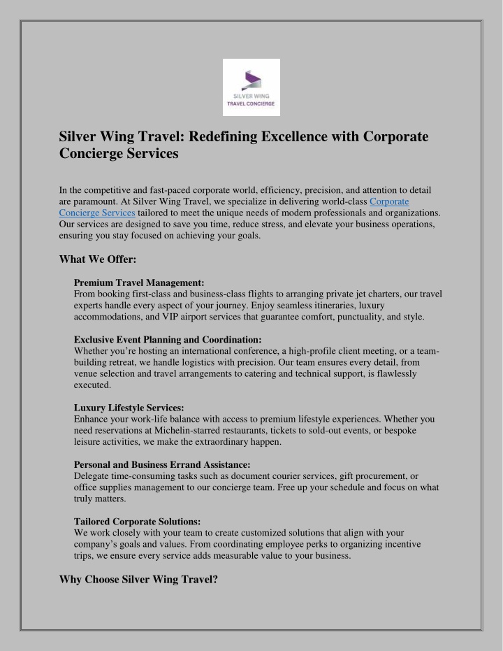 silver wing travel redefining excellence with n.w