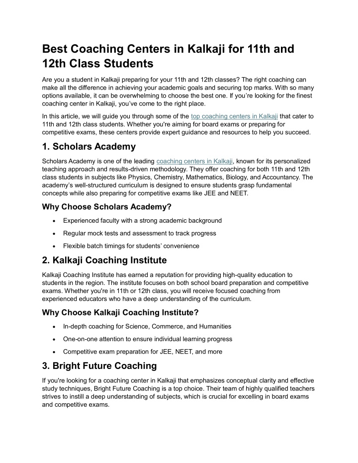 best coaching centers in kalkaji for 11th n.w