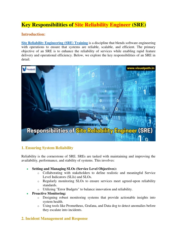 key responsibilities of site reliability engineer n.w