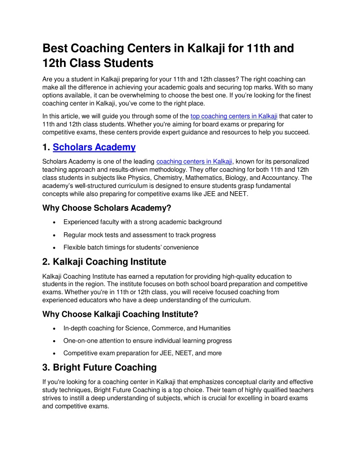 Best Coaching Centers in Kalkaji for 11th and 12th Class Students
