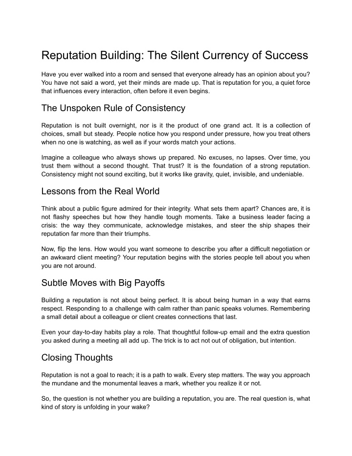 reputation building the silent currency of success n.w