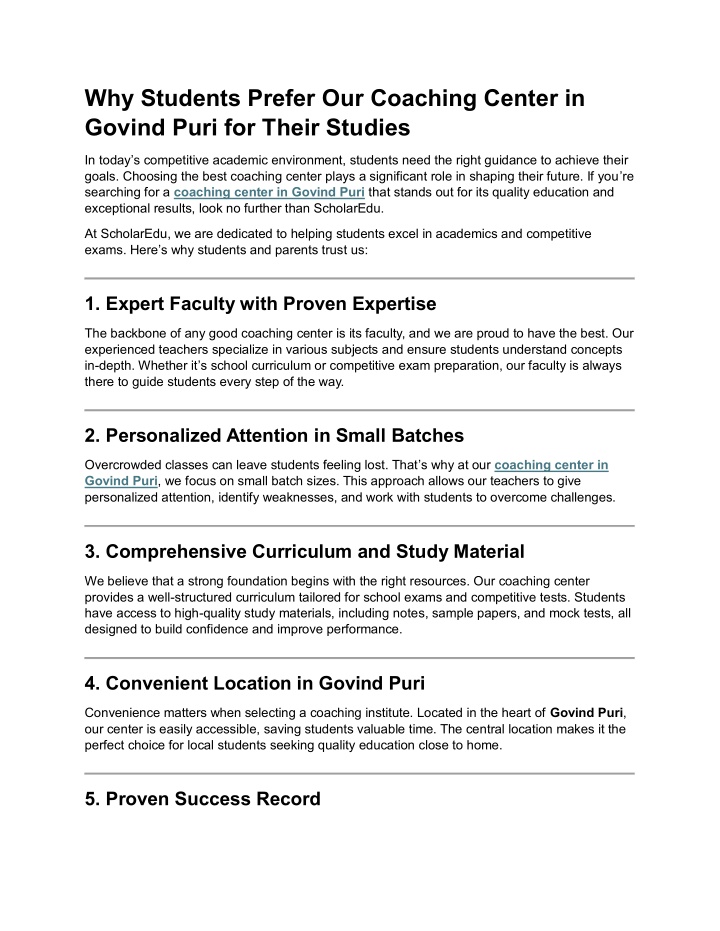 why students prefer our coaching center in govind n.w